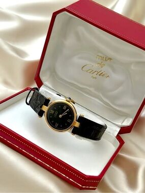 AUTHENTIC VINTAGE CARTIER BLACK LEATHER WATCH - WITH BOX